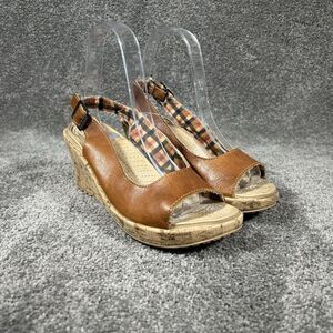 Crocs A-Leigh Women's Sz 6 Brown Leather Slingback Strap Cork Wedge Sandals Used